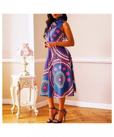 Pocket A-Line Sleeveless Color Block Print High Waist Women's Maxi Dress Dark Blue $14.35 Dresses