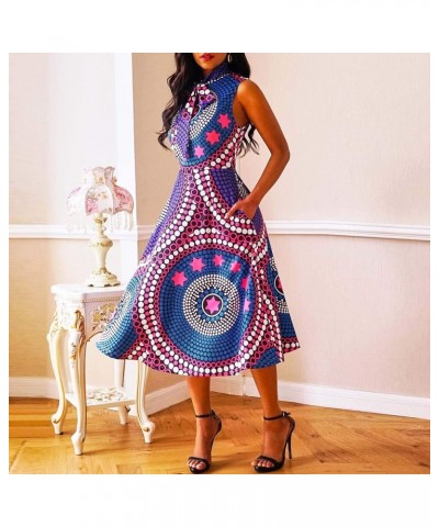 Pocket A-Line Sleeveless Color Block Print High Waist Women's Maxi Dress Dark Blue $14.35 Dresses