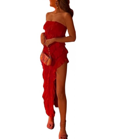 Sexy Tube Maxi Dres for Women Irregular Tassel Strapless Long Dress Ruffle Hem High Split Midi Dress Party Solid Red $15.32 D...