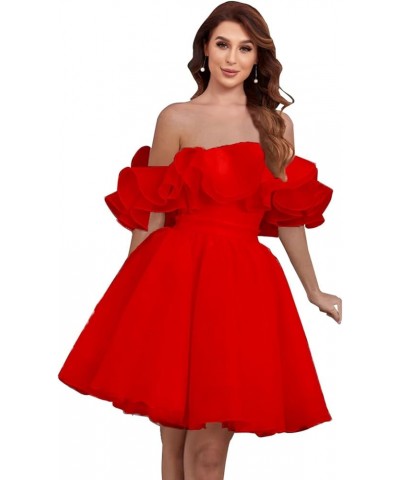 Women's Off Shoulder Short Homecoming Dress Ruffle Tulle Bridesmaid Prom Gown with Pockets YG235 Red $38.49 Dresses