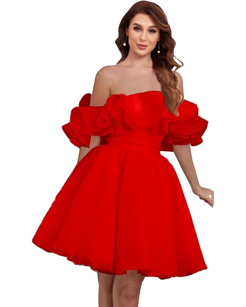 Women's Off Shoulder Short Homecoming Dress Ruffle Tulle Bridesmaid Prom Gown with Pockets YG235 Red $38.49 Dresses