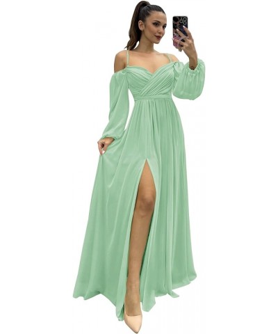 Women's Chiffon A-line Off Shoulder Bridesmaid Dresses with High Split Sweetheart Spaghetti Straps Evening Dress Mint Green $...