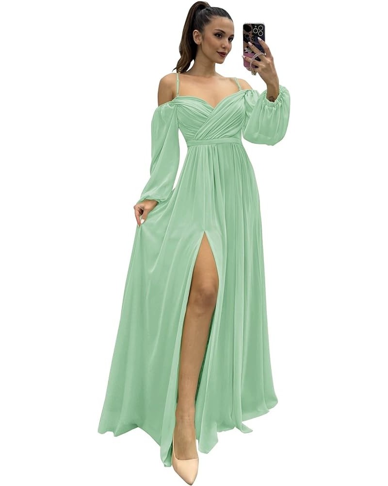 Women's Chiffon A-line Off Shoulder Bridesmaid Dresses with High Split Sweetheart Spaghetti Straps Evening Dress Mint Green $...