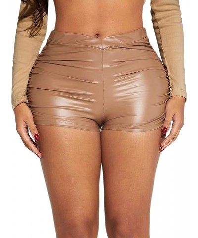 Women's PU Leather Ruched Biker Shorts Solid Mid Waist Night Out Party Bottoms Apricot $17.91 Leggings