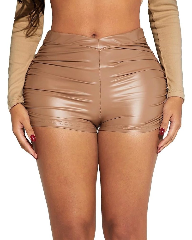 Women's PU Leather Ruched Biker Shorts Solid Mid Waist Night Out Party Bottoms Apricot $17.91 Leggings