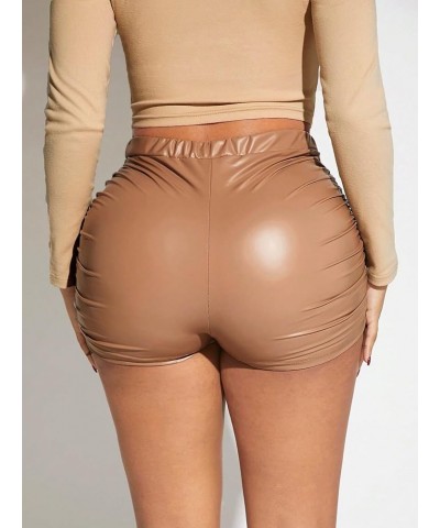 Women's PU Leather Ruched Biker Shorts Solid Mid Waist Night Out Party Bottoms Apricot $17.91 Leggings