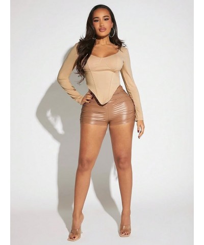 Women's PU Leather Ruched Biker Shorts Solid Mid Waist Night Out Party Bottoms Apricot $17.91 Leggings