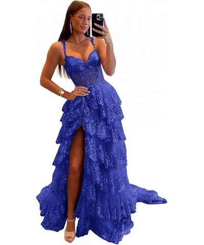 Lace Applique Tiered Tulle Prom Dress 2024 Spaghetti Straps Sweetheart Corset Formal Evening Party Gowns Royal Blue $49.35 Dr...