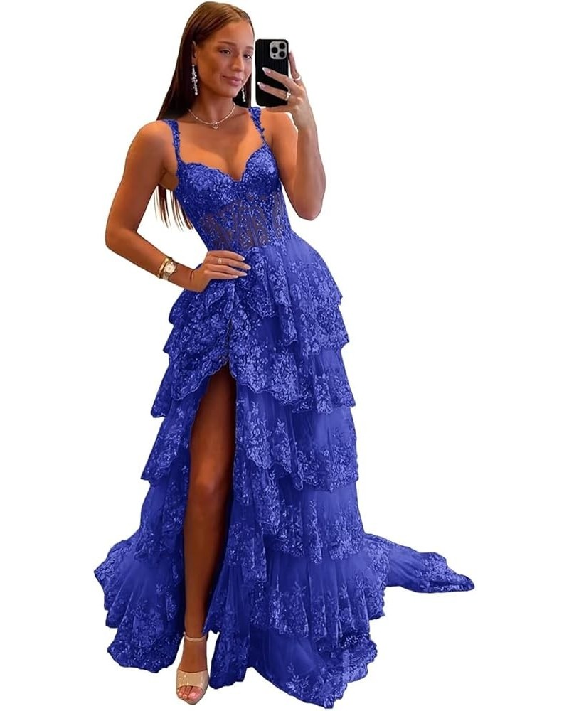 Lace Applique Tiered Tulle Prom Dress 2024 Spaghetti Straps Sweetheart Corset Formal Evening Party Gowns Royal Blue $49.35 Dr...