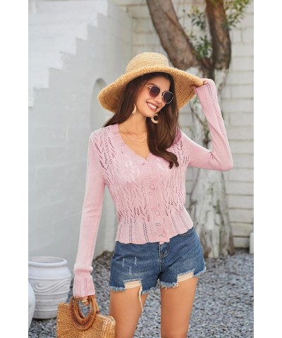 Women's Lightweight Cropped Crochet Cardigan Sweaters Summer Long Sleeve Hollow Out Knit V Neck Bolero Shrug Light Pink $17.8...