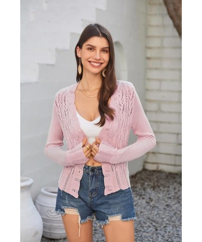 Women's Lightweight Cropped Crochet Cardigan Sweaters Summer Long Sleeve Hollow Out Knit V Neck Bolero Shrug Light Pink $17.8...