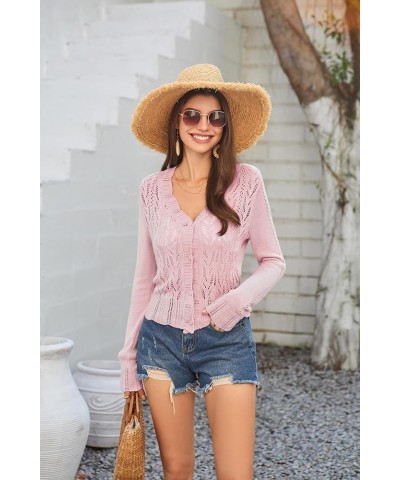 Women's Lightweight Cropped Crochet Cardigan Sweaters Summer Long Sleeve Hollow Out Knit V Neck Bolero Shrug Light Pink $17.8...