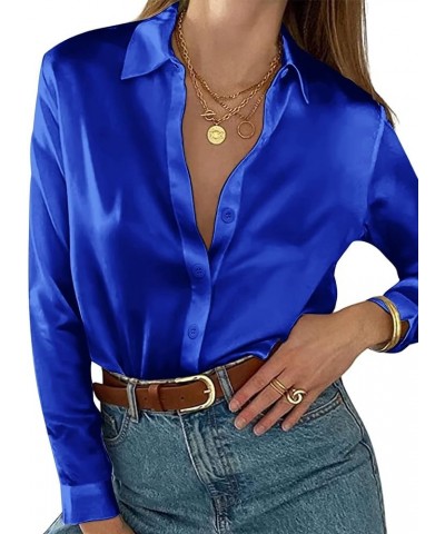 Women Satin Shirts Button Down Blouse Casual Long Sleeve Silk Blouse Office Work Top Royal Blue $12.47 Blouses