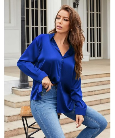 Women Satin Shirts Button Down Blouse Casual Long Sleeve Silk Blouse Office Work Top Royal Blue $12.47 Blouses