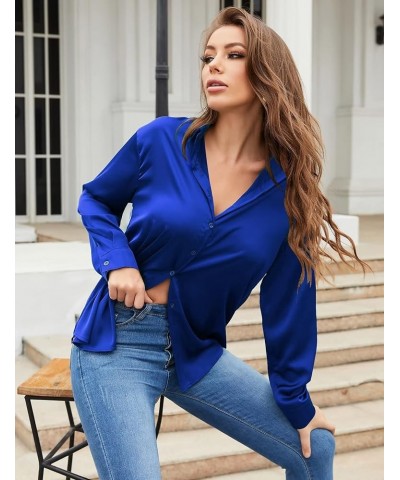 Women Satin Shirts Button Down Blouse Casual Long Sleeve Silk Blouse Office Work Top Royal Blue $12.47 Blouses