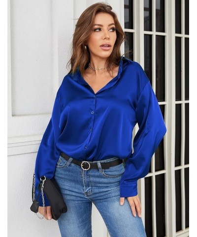 Women Satin Shirts Button Down Blouse Casual Long Sleeve Silk Blouse Office Work Top Royal Blue $12.47 Blouses