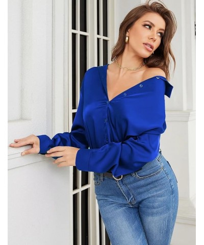 Women Satin Shirts Button Down Blouse Casual Long Sleeve Silk Blouse Office Work Top Royal Blue $12.47 Blouses