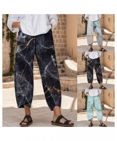 Linen Pants Women Cropped Women's Plus Size Embroidery Daisy Print High Waist Capri Pants Loose Casual Trousers Pants Zb1-bla...