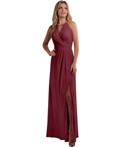 Halter Chiffon Bridesmaid Dresses for Wedding A Line Long Ruched Sleeveless Prom Evening Dress with Slit Desert Rose $35.00 D...