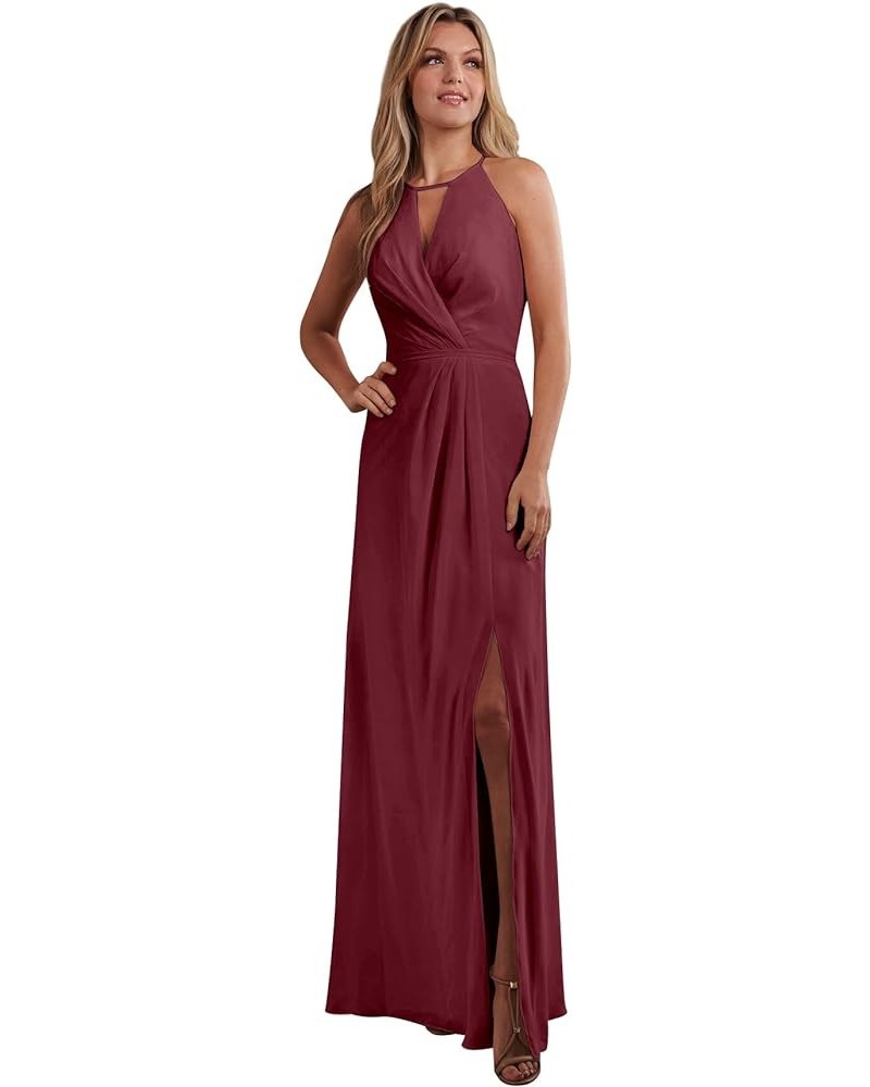 Halter Chiffon Bridesmaid Dresses for Wedding A Line Long Ruched Sleeveless Prom Evening Dress with Slit Desert Rose $35.00 D...