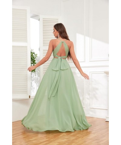 Halter Chiffon Bridesmaid Dresses for Wedding A Line Long Ruched Sleeveless Prom Evening Dress with Slit Desert Rose $35.00 D...