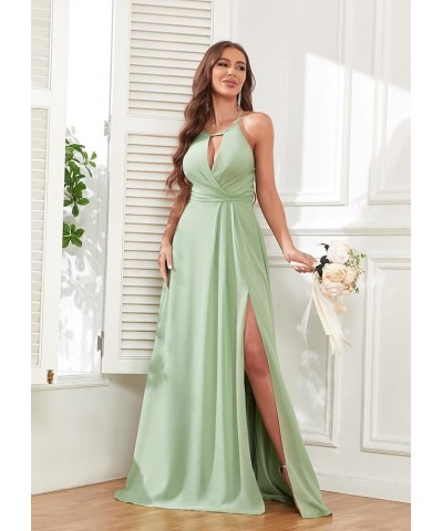 Halter Chiffon Bridesmaid Dresses for Wedding A Line Long Ruched Sleeveless Prom Evening Dress with Slit Desert Rose $35.00 D...