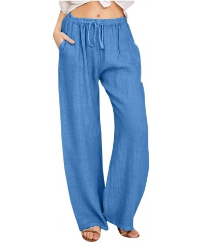 Womens Baggy Linen Beach Pants Cotton Drawstring Casual Trousers Summer Trendy Elastic Waist Wide Leg Palazzo Pant Blue 2 $4....