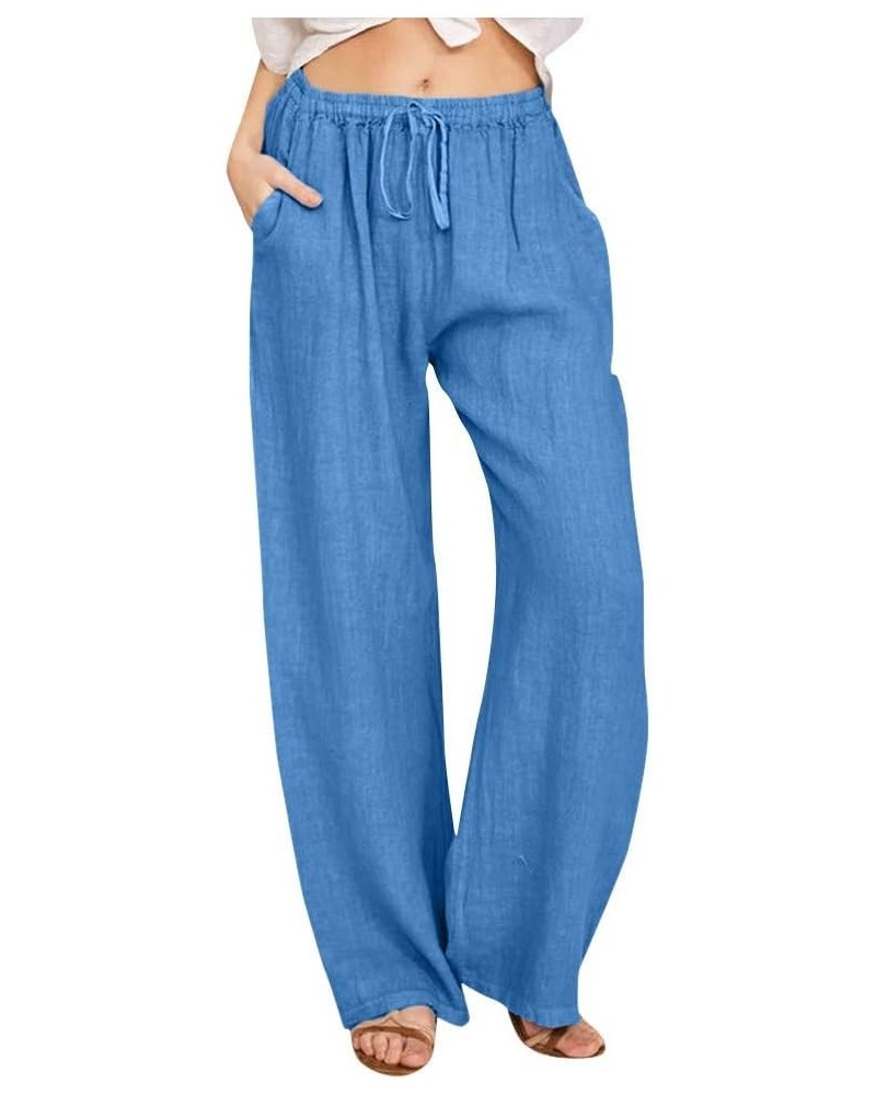 Womens Baggy Linen Beach Pants Cotton Drawstring Casual Trousers Summer Trendy Elastic Waist Wide Leg Palazzo Pant Blue 2 $4....