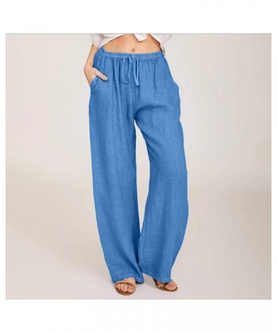 Womens Baggy Linen Beach Pants Cotton Drawstring Casual Trousers Summer Trendy Elastic Waist Wide Leg Palazzo Pant Blue 2 $4....