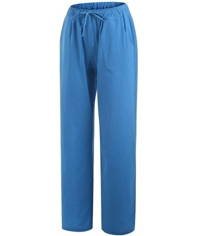 Womens Baggy Linen Beach Pants Cotton Drawstring Casual Trousers Summer Trendy Elastic Waist Wide Leg Palazzo Pant Blue 2 $4....