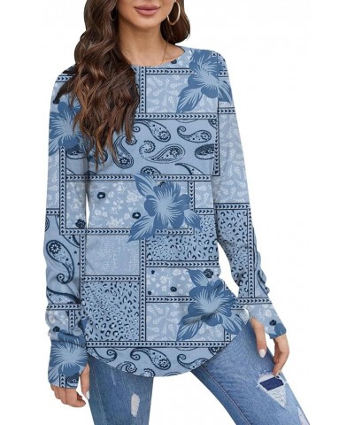 Womens Casual Long Sleeve Tops Crew Neck Round Hem Loose T-Shirts Vintage Plus Size Tunic Tops with Thumb Holes 13-blue $8.39...