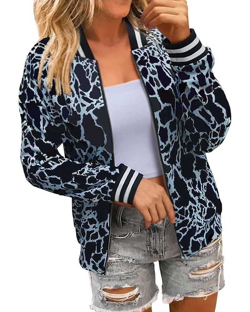 Women's Casual Floral Zip Up Bomber Jacket Coat Stand Collar Lightweight Short Outwear Tops 337 Blue Leopard $19.32 Jackets