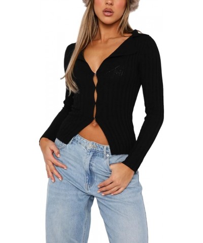 Womens Off Shoulder Y2K Tops Zipper Ribbed Knit Cropped Top Long Sleeve Slim Fit Fairy Shirts Knitwear Hollow Out Black $13.3...