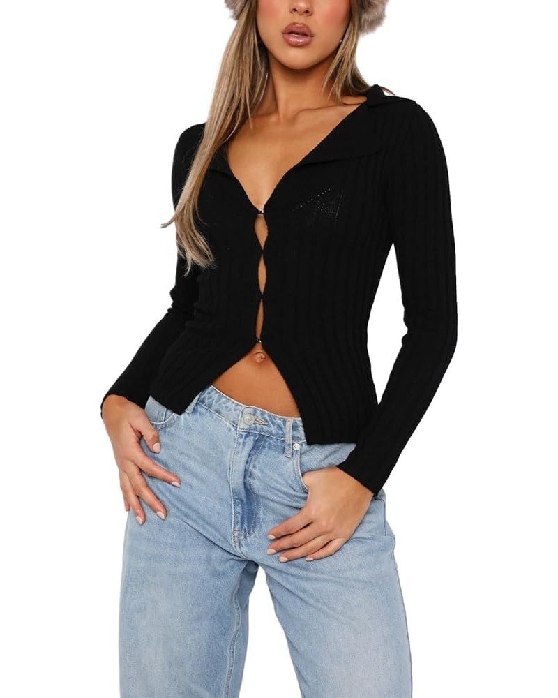 Womens Off Shoulder Y2K Tops Zipper Ribbed Knit Cropped Top Long Sleeve Slim Fit Fairy Shirts Knitwear Hollow Out Black $13.3...