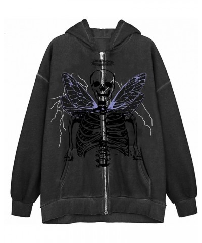 Women Goth Zip Up Hoodie Y2k Rhinestone Oversized Sweatshirt Graphic Print Drawstring Jacket Pullover Streetwear Dark Gray Bl...