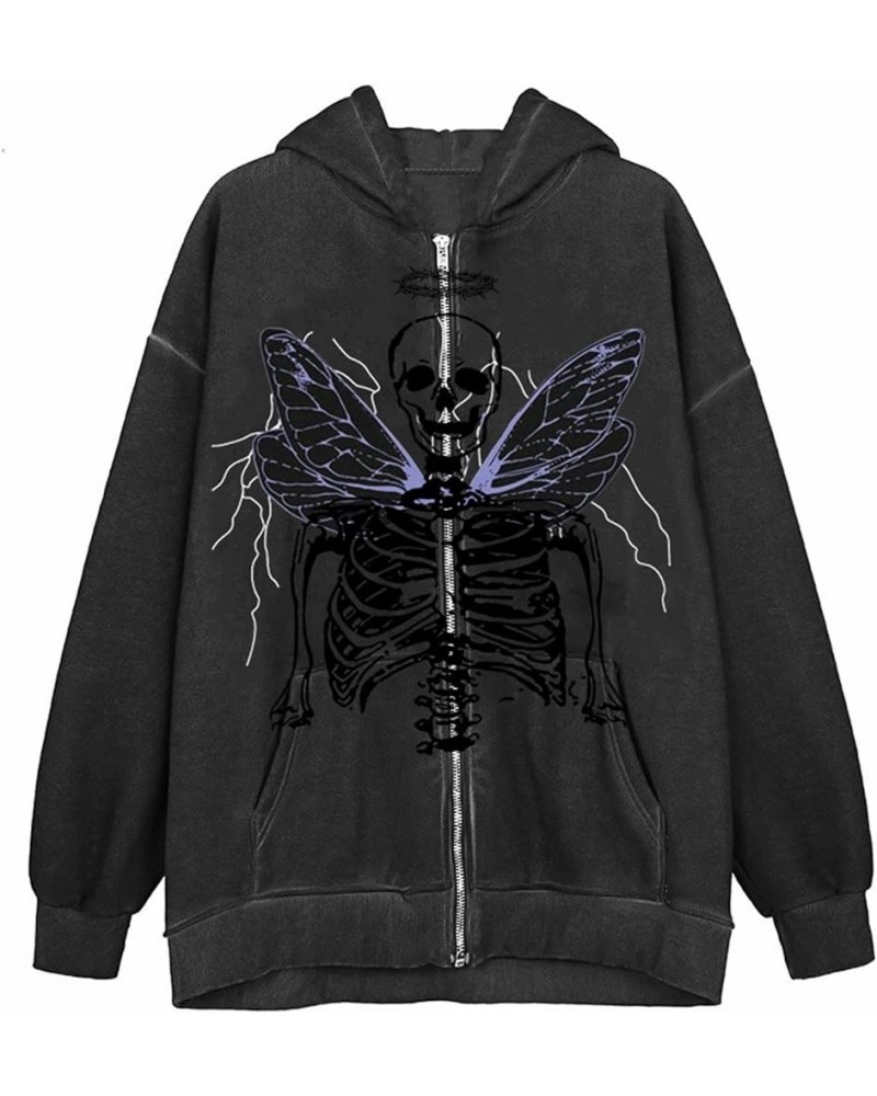 Women Goth Zip Up Hoodie Y2k Rhinestone Oversized Sweatshirt Graphic Print Drawstring Jacket Pullover Streetwear Dark Gray Bl...