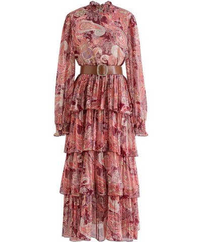 Women's Red/Pink/Yellow Paisley Printed Ruffle Shirred Mock Neck Long Sleeve Belted Layered Tiered Chiffon Dress Red $25.96 D...