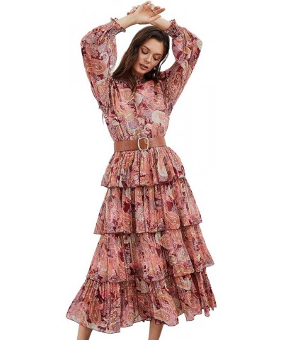 Women's Red/Pink/Yellow Paisley Printed Ruffle Shirred Mock Neck Long Sleeve Belted Layered Tiered Chiffon Dress Red $25.96 D...