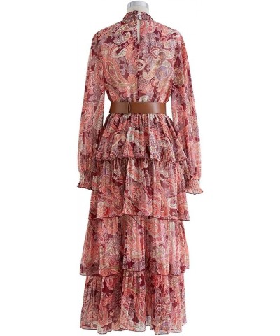 Women's Red/Pink/Yellow Paisley Printed Ruffle Shirred Mock Neck Long Sleeve Belted Layered Tiered Chiffon Dress Red $25.96 D...