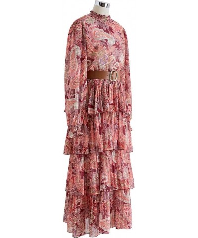 Women's Red/Pink/Yellow Paisley Printed Ruffle Shirred Mock Neck Long Sleeve Belted Layered Tiered Chiffon Dress Red $25.96 D...