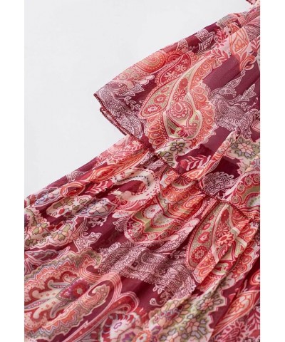 Women's Red/Pink/Yellow Paisley Printed Ruffle Shirred Mock Neck Long Sleeve Belted Layered Tiered Chiffon Dress Red $25.96 D...