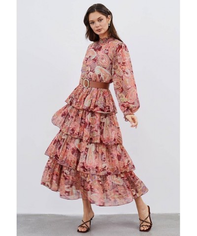 Women's Red/Pink/Yellow Paisley Printed Ruffle Shirred Mock Neck Long Sleeve Belted Layered Tiered Chiffon Dress Red $25.96 D...