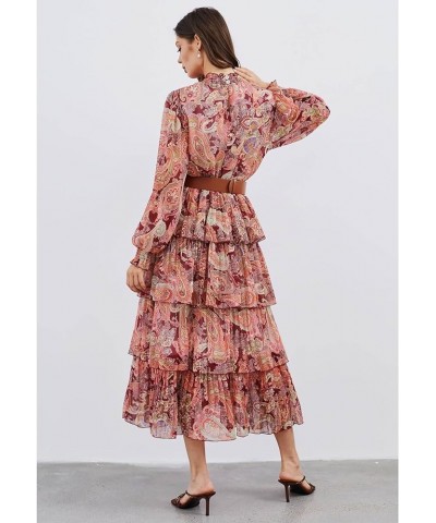 Women's Red/Pink/Yellow Paisley Printed Ruffle Shirred Mock Neck Long Sleeve Belted Layered Tiered Chiffon Dress Red $25.96 D...