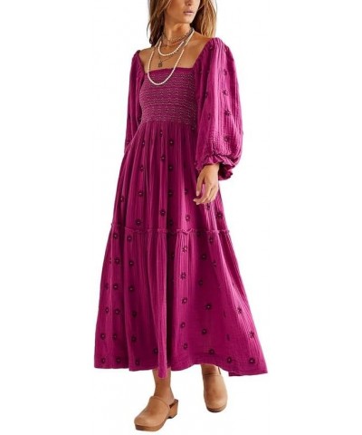 Women Boho Deep V Neck Puff Sleeve Maxi Dress Casual Floral Chiffon Tiered Flowy Swing Party Long Dress Square Neck Rose Purp...