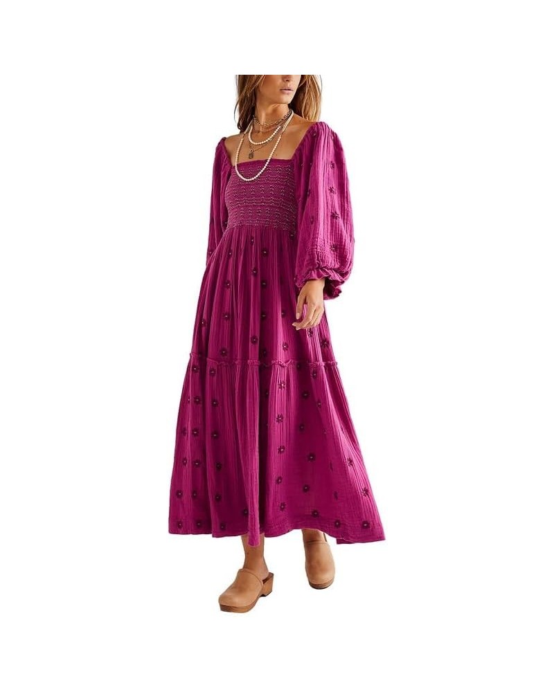 Women Boho Deep V Neck Puff Sleeve Maxi Dress Casual Floral Chiffon Tiered Flowy Swing Party Long Dress Square Neck Rose Purp...