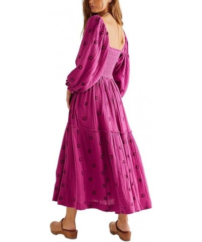 Women Boho Deep V Neck Puff Sleeve Maxi Dress Casual Floral Chiffon Tiered Flowy Swing Party Long Dress Square Neck Rose Purp...