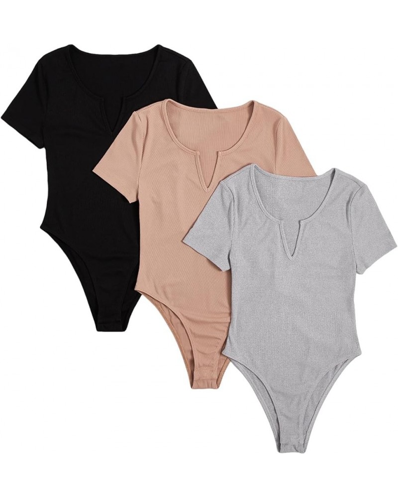 Women's 4 Piece Crew Neck Sleeveless Ribbed Knit Tank Tops Bodysuit Black Grey Apricot $18.35 Bodysuits