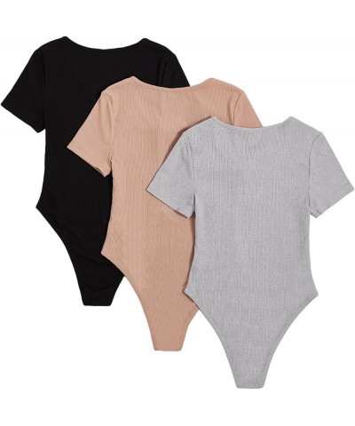 Women's 4 Piece Crew Neck Sleeveless Ribbed Knit Tank Tops Bodysuit Black Grey Apricot $18.35 Bodysuits