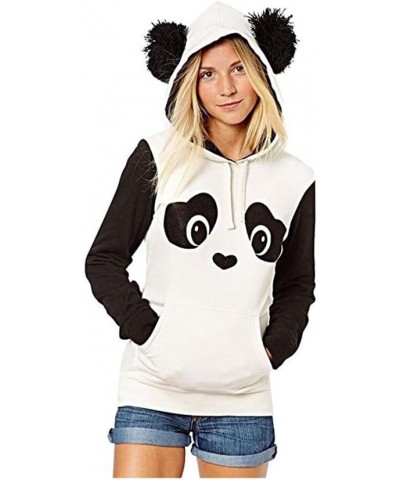 Women's Cute Panda Print White and Black Fleece Hoodie Tops White $14.02 Hoodies & Sweatshirts