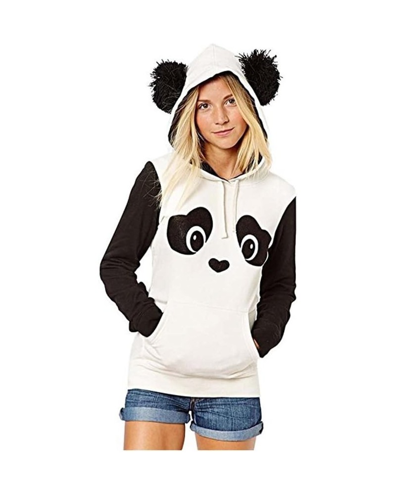 Women's Cute Panda Print White and Black Fleece Hoodie Tops White $14.02 Hoodies & Sweatshirts